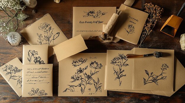 Photo ecofriendly kraft paper stationery with floral designs