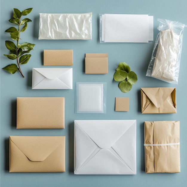 Photo ecofriendly mailing supplies including compostable envelopes and recycled packing materials