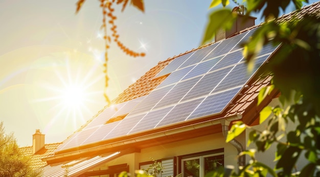 An ecofriendly modern house with large solar panels on the roof during dusk showcasing sustainable living and energy efficiency