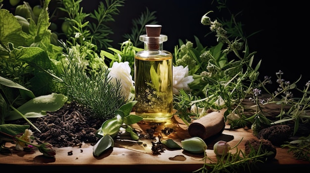 Ecofriendly natural and nourishing hair care products with plants on the table the concept of beautiful and healthy hair Generate Ai