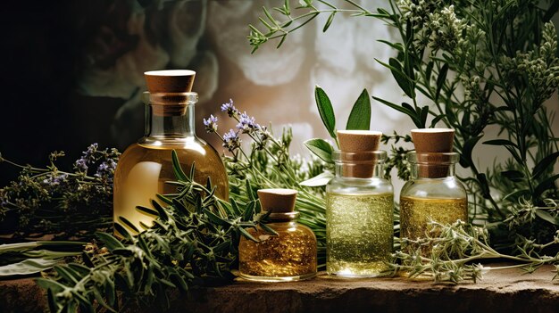 Ecofriendly natural and nourishing hair care products with plants on the table the concept of beautiful and healthy hair Generate Ai