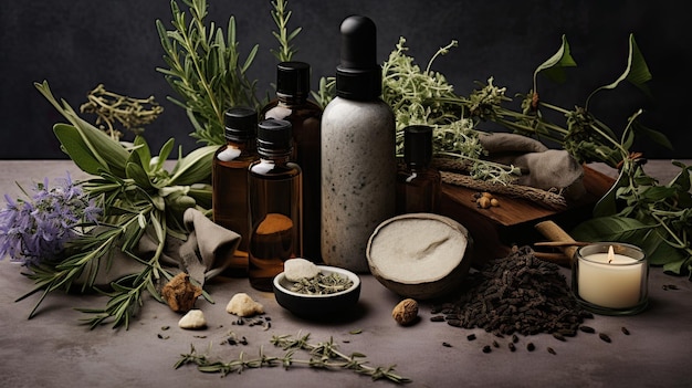 Ecofriendly natural and nourishing hair care products with plants on the table the concept of beautiful and healthy hair Generate Ai