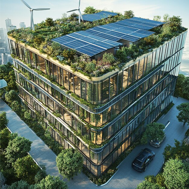 Photo an ecofriendly office building with rooftop solar panels wind turbines and energyefficient desig