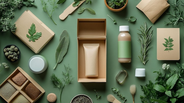 Photo an ecofriendly packaging concept with recyclable materials green labels and organic products emphasizing sustainability in product design