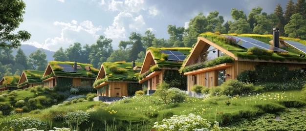 Ecofriendly packaging in a solar power village with green roofs minimalist