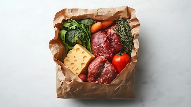 Photo ecofriendly paper bag filled with fresh vegetables meat and cheese on white background