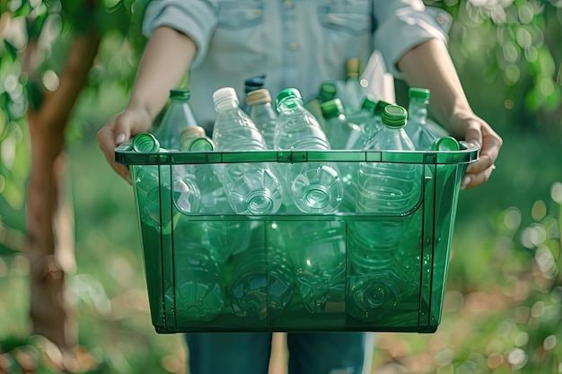 Ecofriendly person holding recycling box with glass and plastic bottles outdoors