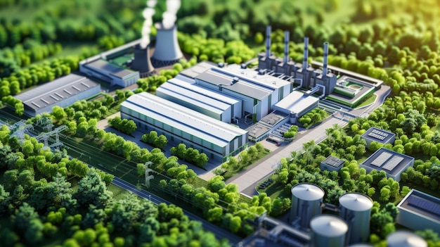 An ecofriendly power plant harmonized with trees demonstrating green industry principles The focus is on sustainable energy solutions that minimize carbon footprints and support environmental health