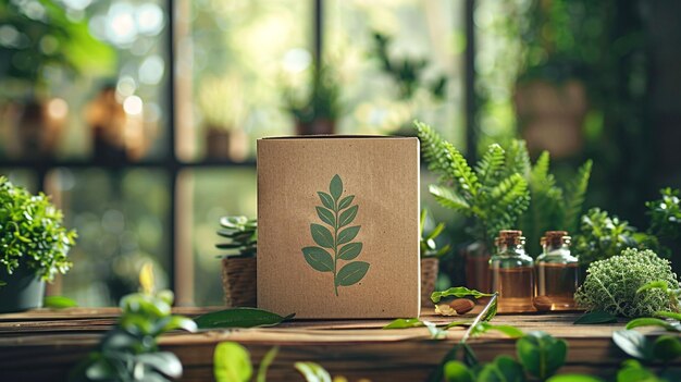 Photo ecofriendly product packaging mockup with leafy design