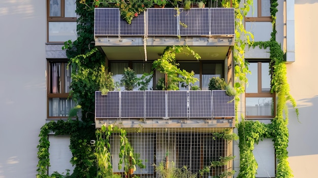 Photo ecofriendly residential building with solar panels and lush balcony vegetation