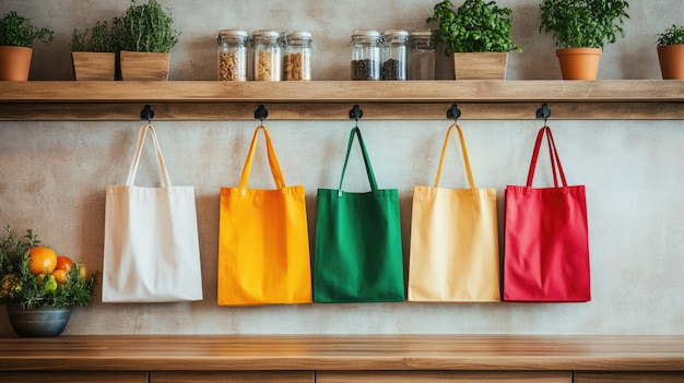 Ecofriendly reusable shopping bags hanging on a kitchen wall with space for text