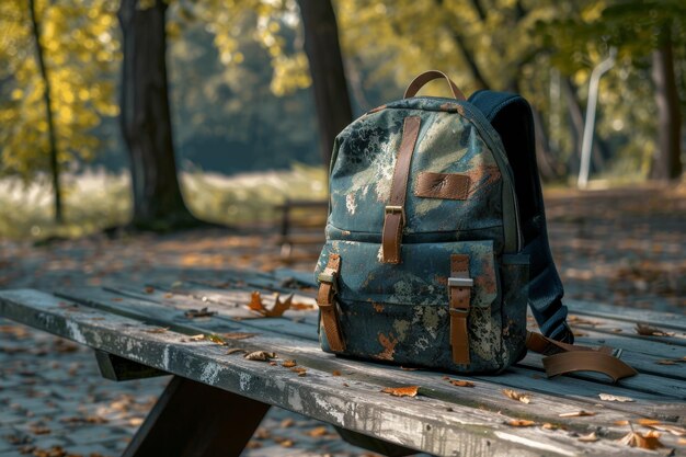 Photo ecofriendly school backpack with earthy tones on a picnic table in a park during autumn