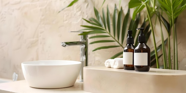 Ecofriendly skincare in zero waste bathroom with tropical plant decor Concept Ecofriendly Products Skincare Routine Zero Waste Lifestyle Tropical Plants Bathroom Decor