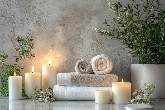 Photo ecofriendly spa setting with natural skincare products aromatherapy candles and tropical leaves