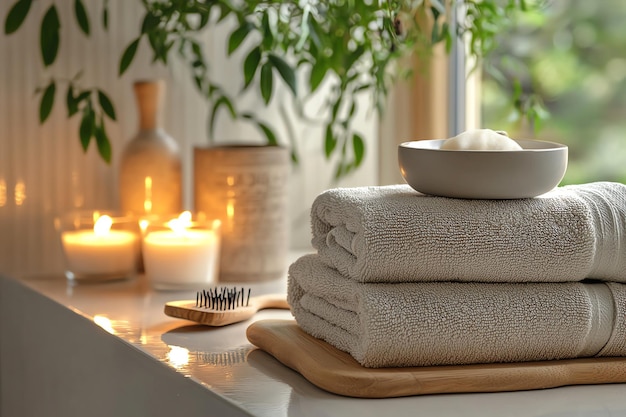 EcoFriendly Spa Setting with Natural Skincare Products Aromatherapy Candles and Tropical Leaves