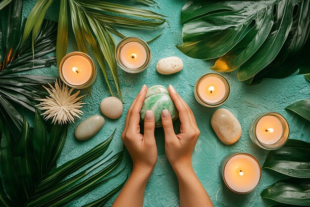 Photo ecofriendly spa setting with natural skincare products aromatherapy candles and tropical leaves