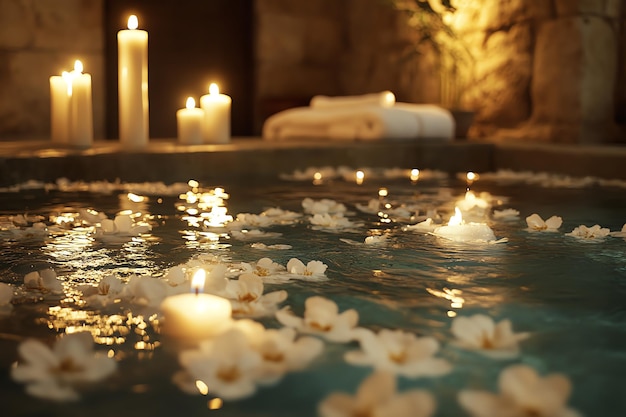 Photo ecofriendly spa setting with natural skincare products aromatherapy candles and tropical leaves