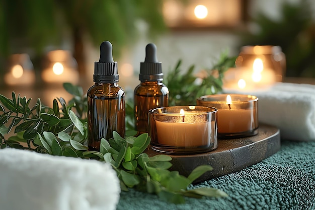 EcoFriendly Spa Setting with Natural Skincare Products Aromatherapy Candles and Tropical Leaves