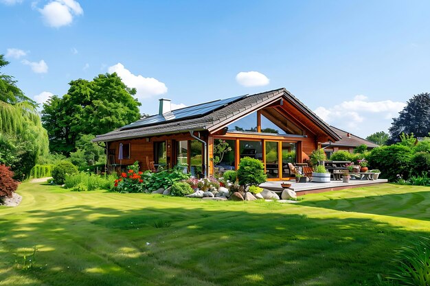 an ecofriendly suburban house with a wellmanicured lawn vibrant flowerbeds and solar panels