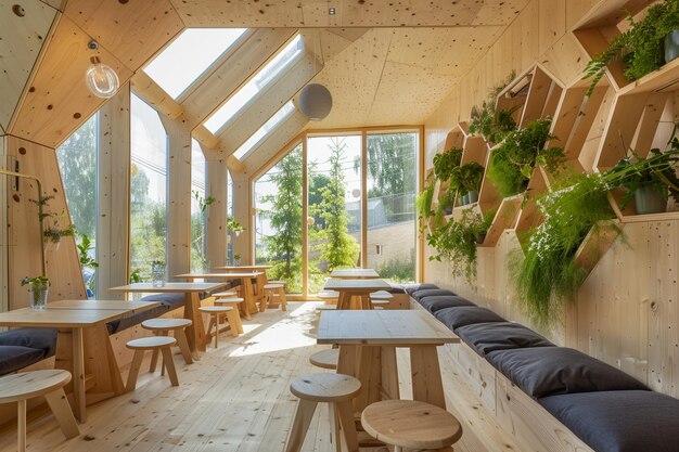 Ecofriendly sustainable wooden meeting room lush plants Sustainable natural workspace environment