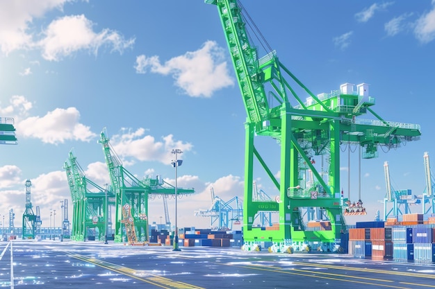 Ecofriendly Trade Port with Green Cranes and Solar Equipment