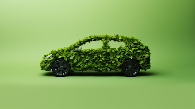 Photo ecofriendly transport concept leaves covered car ecology concept on green background