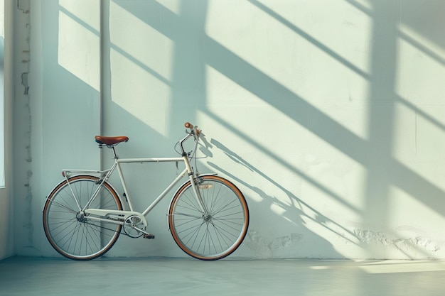 Ecofriendly transportation a bicycle leaning against a clean empty wall