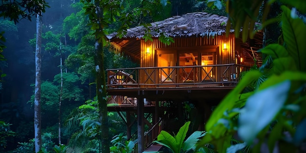 Photo ecofriendly treehouse resort in pristine rainforest with luxurious accommodations and nature excursions concept ecotourism treehouse accommodations rainforest adventures sustainable living