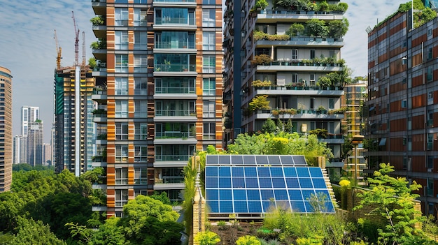 Ecofriendly urban architecture with greenery and solar panels