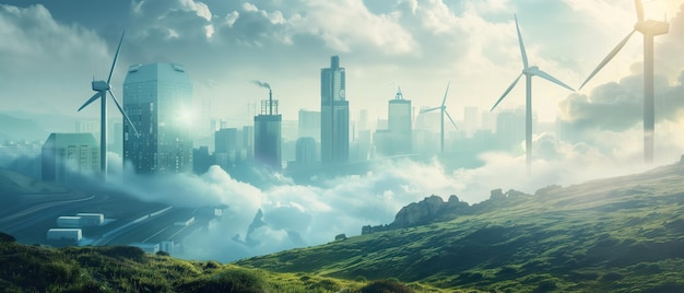 EcoFriendly Urban Utopia A serene composite landscape a futuristic cityscape enveloped in mist integ