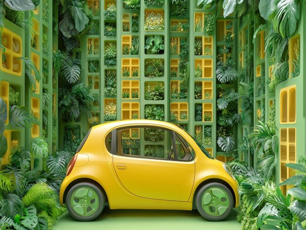 EcoFriendly Yellow Car Surrounded by Vibrant Green Plants