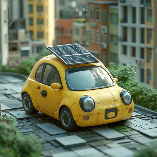 EcoFriendly Yellow Car with Solar Roof Driving in a Cityscape