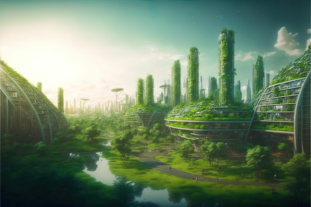 Ecofuturistic cityscape with green garden in modern city Digital illustration AI