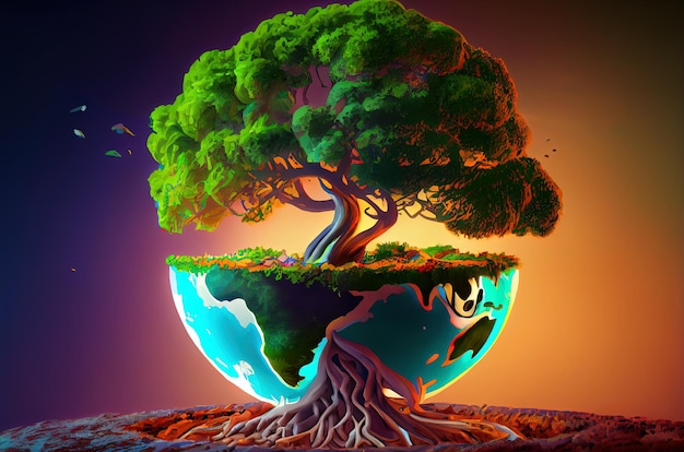 Ecological abstraction tree growing from the globe Generative AI