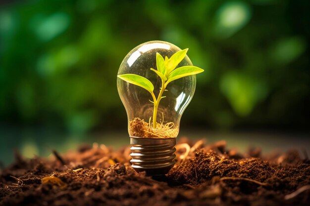 Ecological innovation concept plant growing inside a light bulb on soil