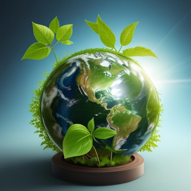 An ecological representation of Earth globe featuring vibrant green plants and sun rays