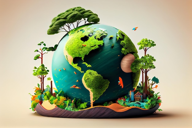 Ecology concept Earth globe with green plants and grass on dark background Generative AI