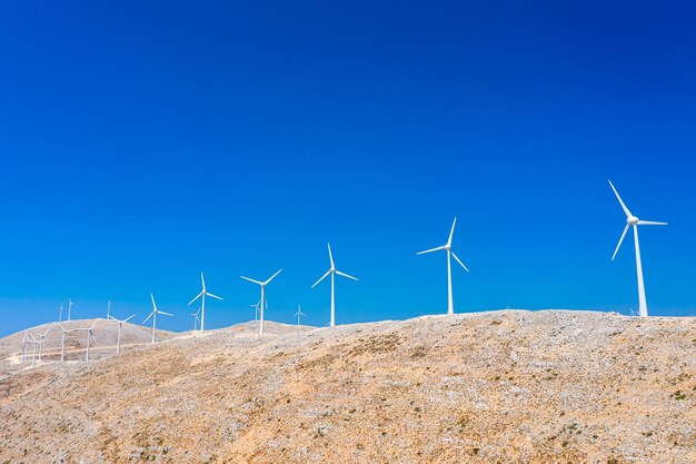 Ecology concept Wind turbines in the mountains on the Kefalonia island Greece