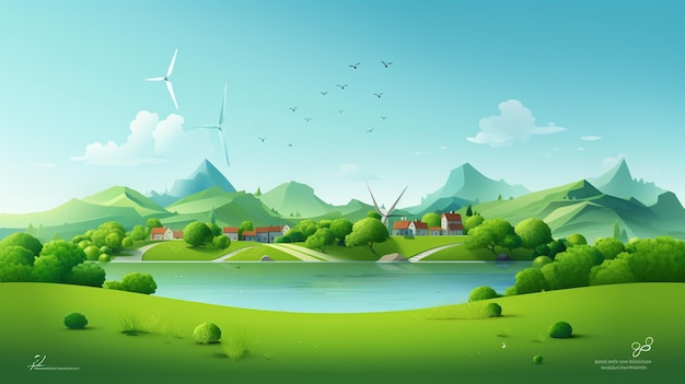 Ecology concept with green city on earth Green city with wind turbines and trees generated AI