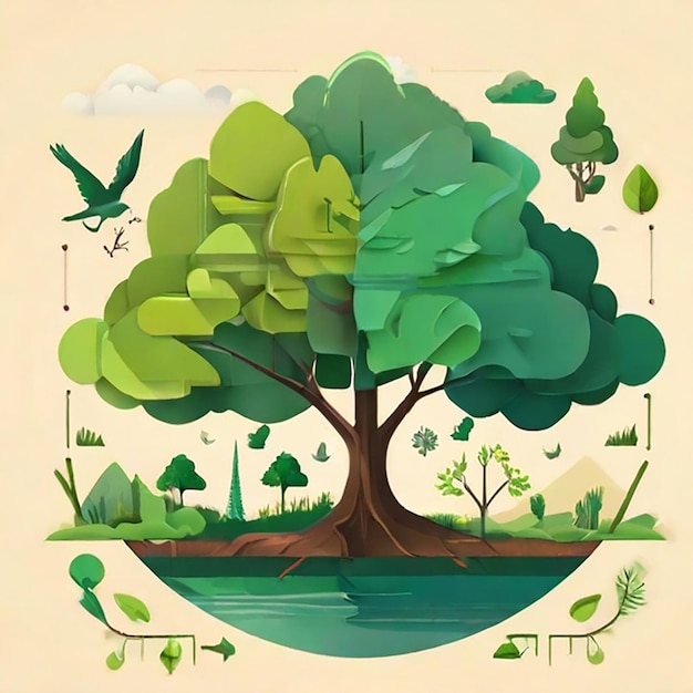 Ecology concept with tree and nature elements in flat style