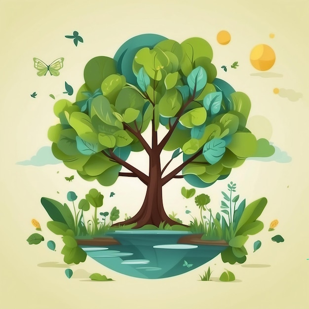 Ecology concept with tree and nature elements in flat style