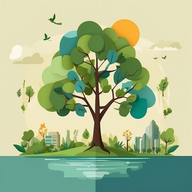 Ecology concept with tree and nature elements in flat style