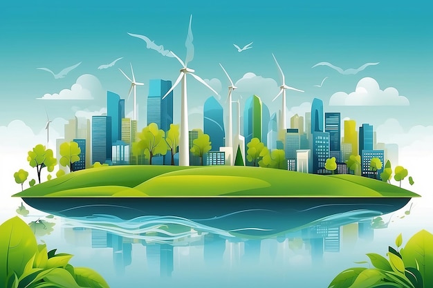 Ecology and Eco Green Energy Concept Vector Illustration Sustainable Eco Friendly and Alternative Clean Energy and Healthy Lifestyle Concept Vector City Landscape Banner Isolated Design Elements