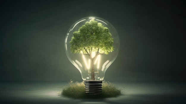 Ecology and Energy Conservation with Green Tree in Light Bulb Illustration AI Generated Image