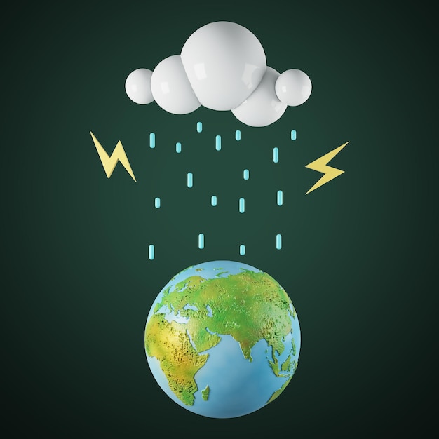 Ecology and environment concept with earth planet layout clouds rain and lightnings on dark green background 3D rendering