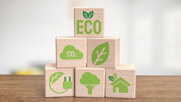 The ecology icon on wood cube for eco or natural concept 3d renderingxA