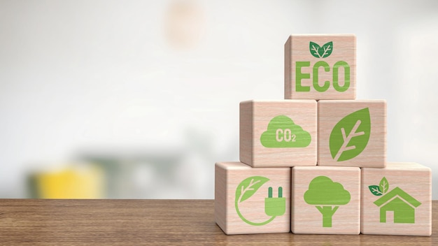 The ecology icon on wood cube for eco or natural concept 3d renderingxA