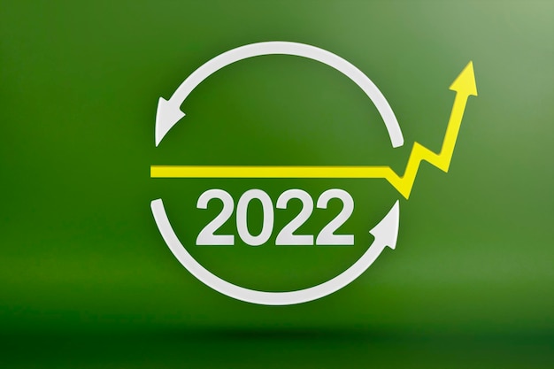 Ecology recycling symbol 2022 white arrows form a circle 3D image on a green background Green products green renewable energy graph pointing up and down