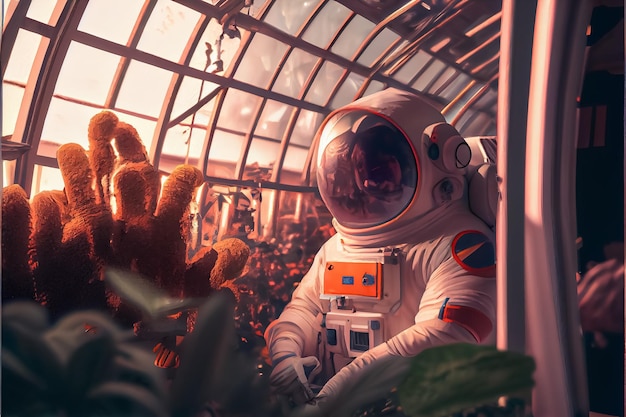 Ecology and science future Mars astronaut growing a plants AI