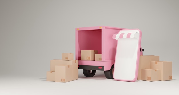 Ecommerce concept Delivery service on mobile application Transportation delivery by truck 3D rendering